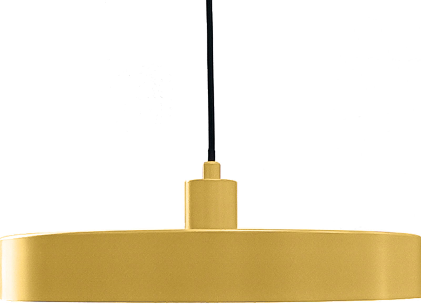 Goldene Hängeleuchte mit schlichtem, modernem Design, seitliche Perspektive