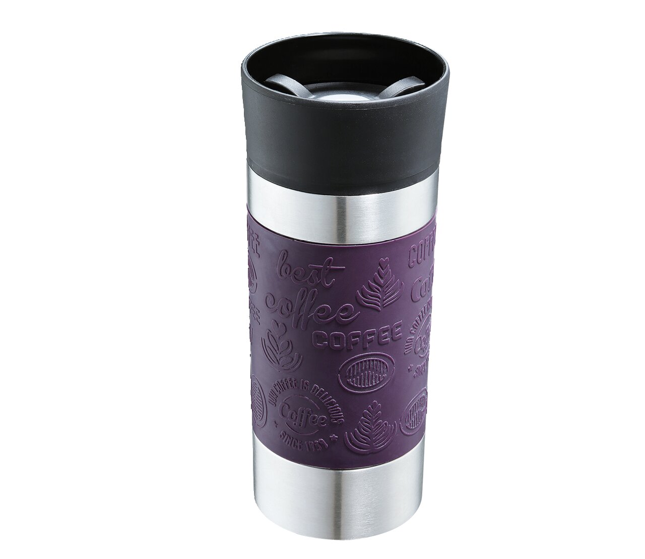 Lila Trinkbecher Viaggio 360ml mit schwarzem Deckel und Edelstahlakzenten, seitliche Ansicht