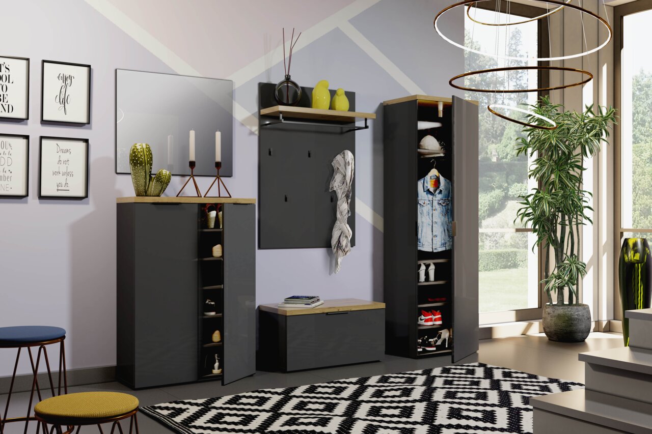 Moderne Garderobeneinrichtung mit Schuhschrank, Garderobenpaneel und Bank in anthrazit und weiß, seitliche Perspektive