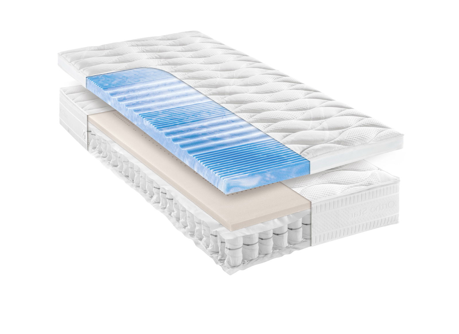 Novel Taschenfederkernmatratze H3 ORTHO STAR SILBER TOP T Querschnitt einer Taschenfederkernmatratze H3 mit verschiedenen Schichten, darunter eine blaue Komfortschicht, aus seitlicher Perspektive.