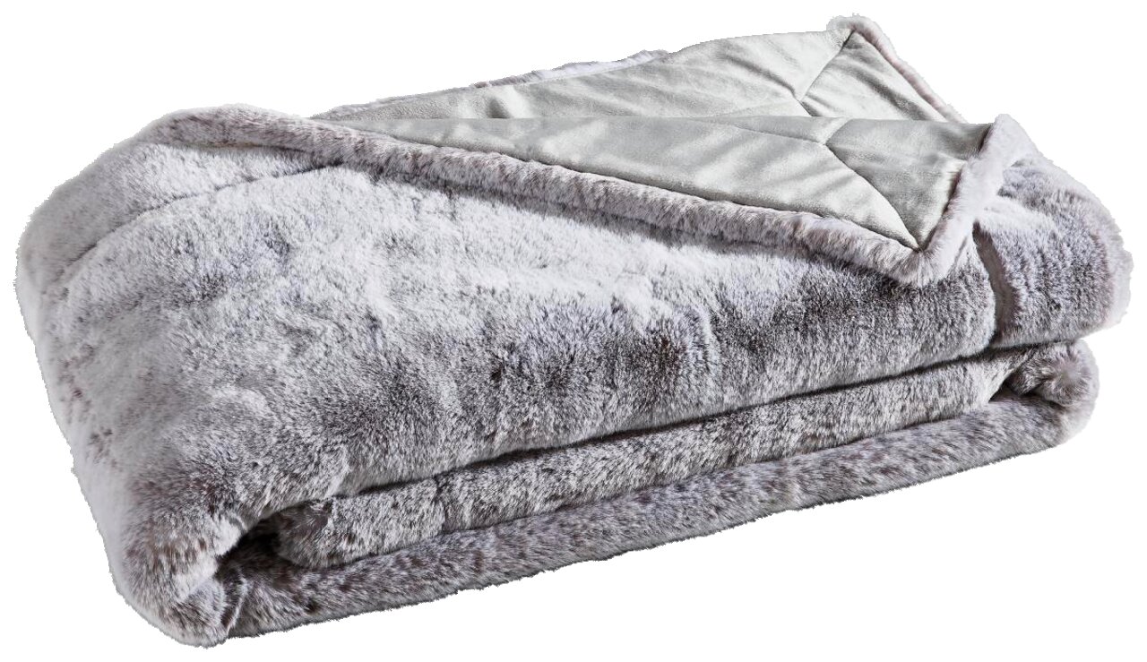 Luxuriöse Felldecke in Silberfuchs-Optik, gefaltet und von der Seite betrachtet.