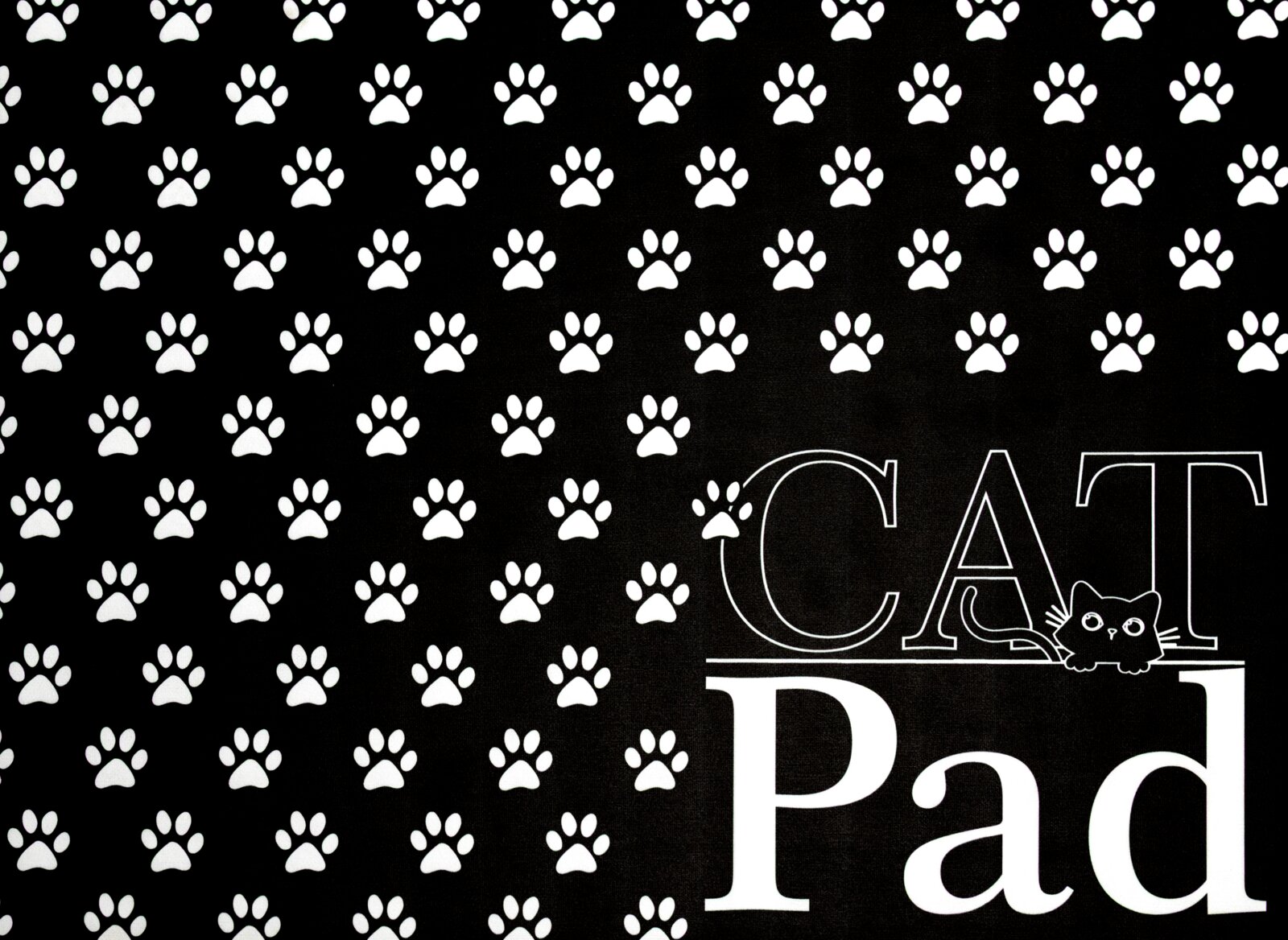 Schwarze Fressnapfunterlage mit weißen Pfotenabdrücken und der Aufschrift 'CAT Pad', von oben betrachtet.