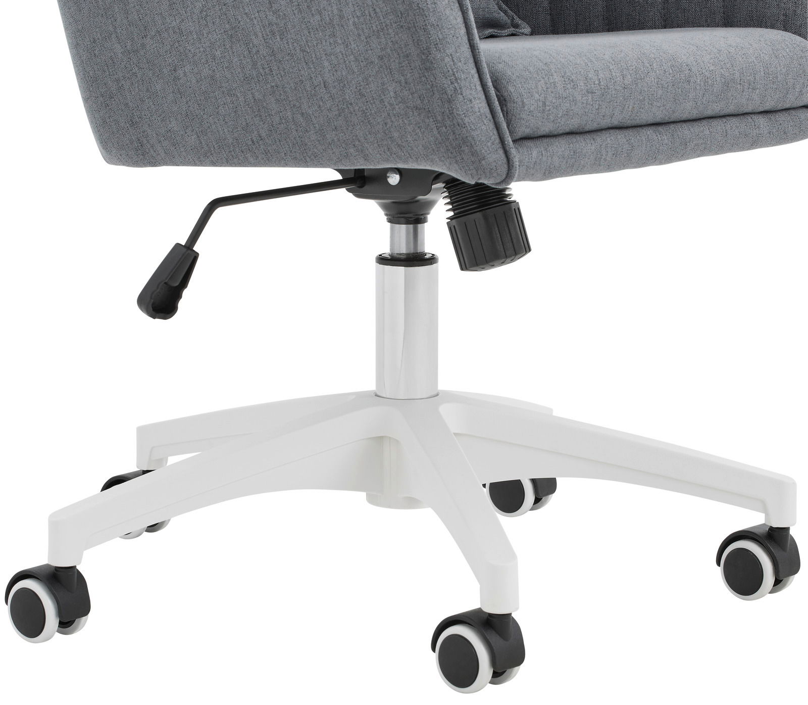 Grauer Homeoffice-Drehstuhl mit weißem Fußkreuz und Rollen, seitliche Perspektive