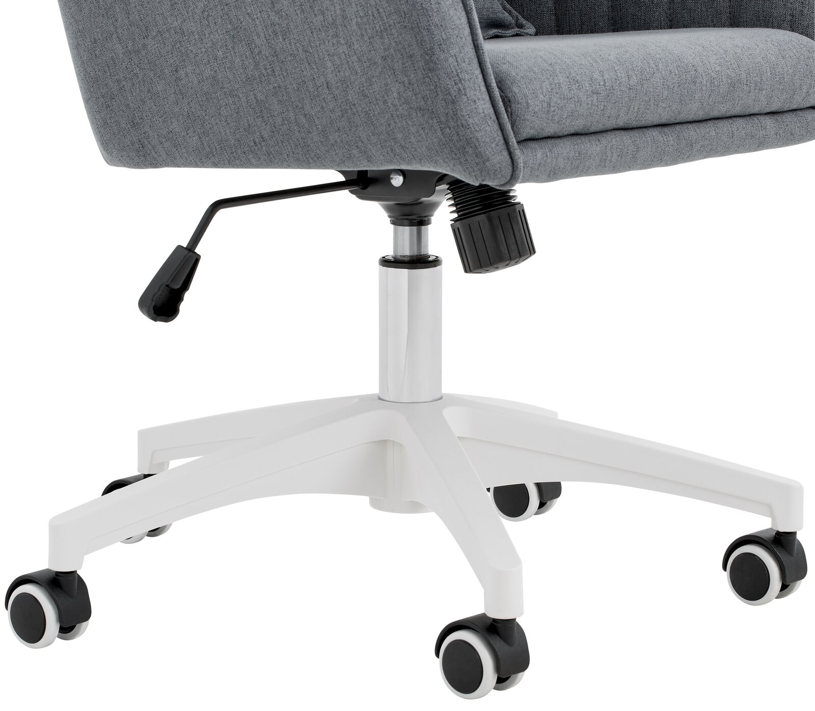 Grauer Homeoffice-Drehstuhl mit weißem Fußkreuz und Rollen, seitliche Perspektive