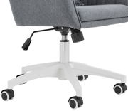 Grauer Homeoffice-Drehstuhl mit weißem Fußkreuz und Rollen, seitliche Perspektive