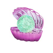 LED-Tischleuchte in Form einer geöffneten Muschel mit einer leuchtenden Kugel im Inneren, seitliche Perspektive