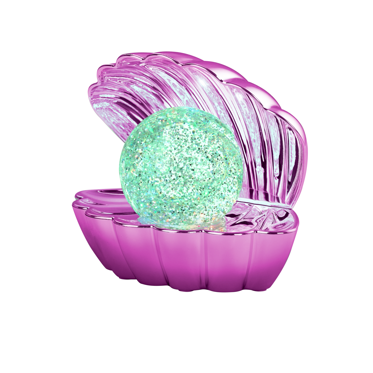 LED-Tischleuchte in Form einer geöffneten Muschel mit einer leuchtenden Kugel im Inneren, seitliche Perspektive