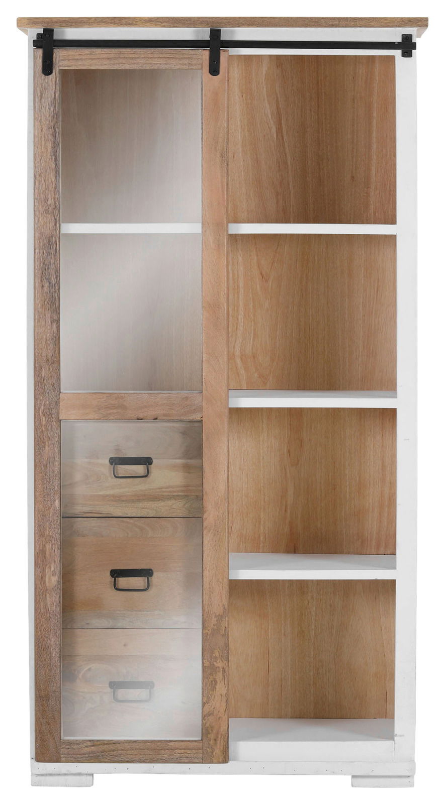 Vitrine aus Holz mit Schiebetür, drei Schubladen und mehreren Regalfächern, Frontalansicht