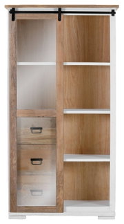 Vitrine aus Holz mit Schiebetür, drei Schubladen und mehreren Regalfächern, Frontalansicht