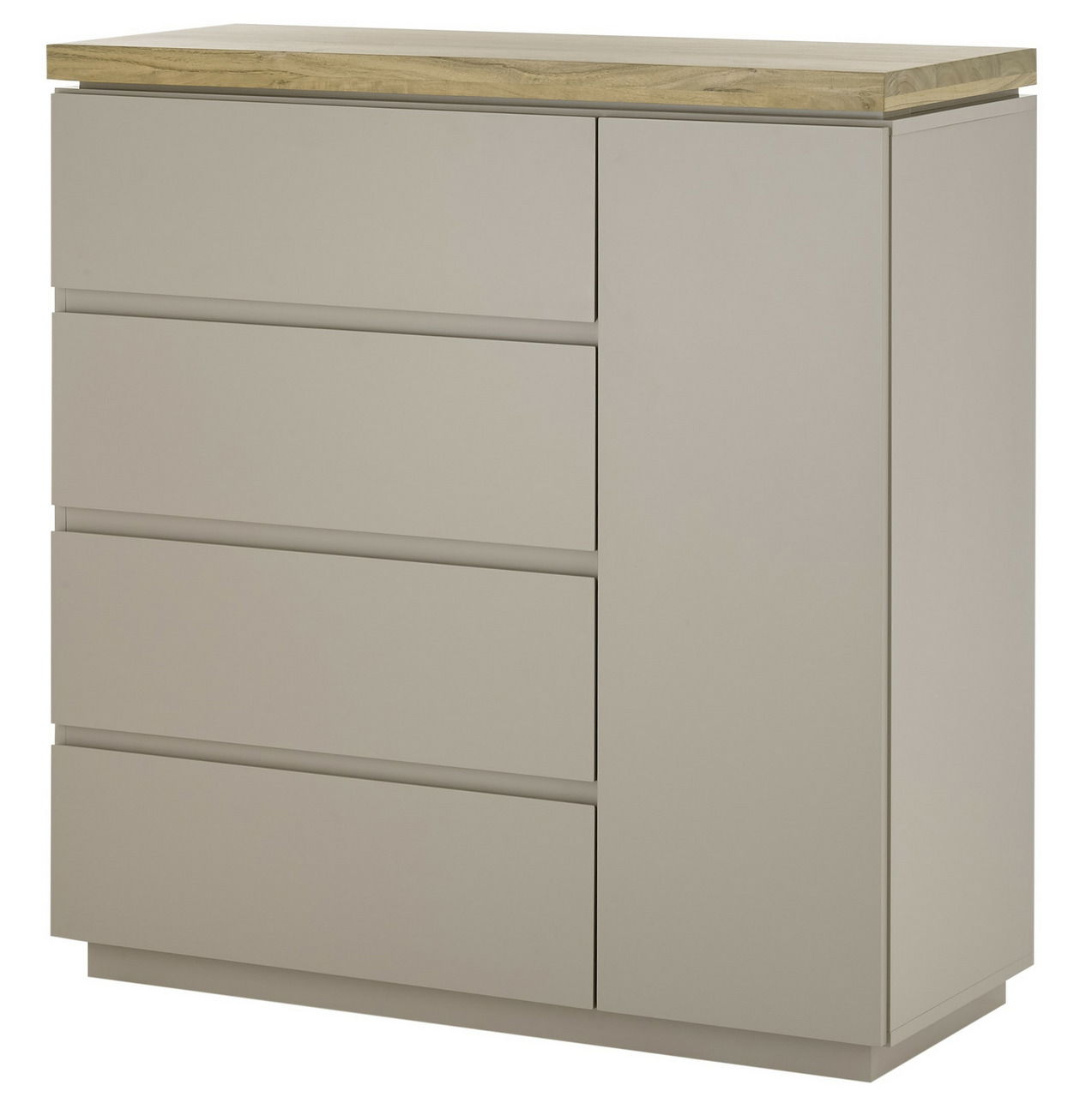 Moderne Kommode mit vier Schubladen und einer Tür, aus hellem Holz und grauem Material, seitliche Perspektive