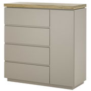 Moderne Kommode mit vier Schubladen und einer Tür, aus hellem Holz und grauem Material, seitliche Perspektive