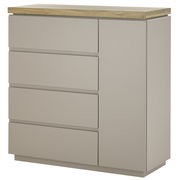 Moderne Kommode mit vier Schubladen und einer Tür, aus hellem Holz und grauem Material, seitliche Perspektive