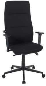 Schwarzer Drehstuhl mit hoher Rückenlehne und verstellbaren Armlehnen, seitliche Perspektive