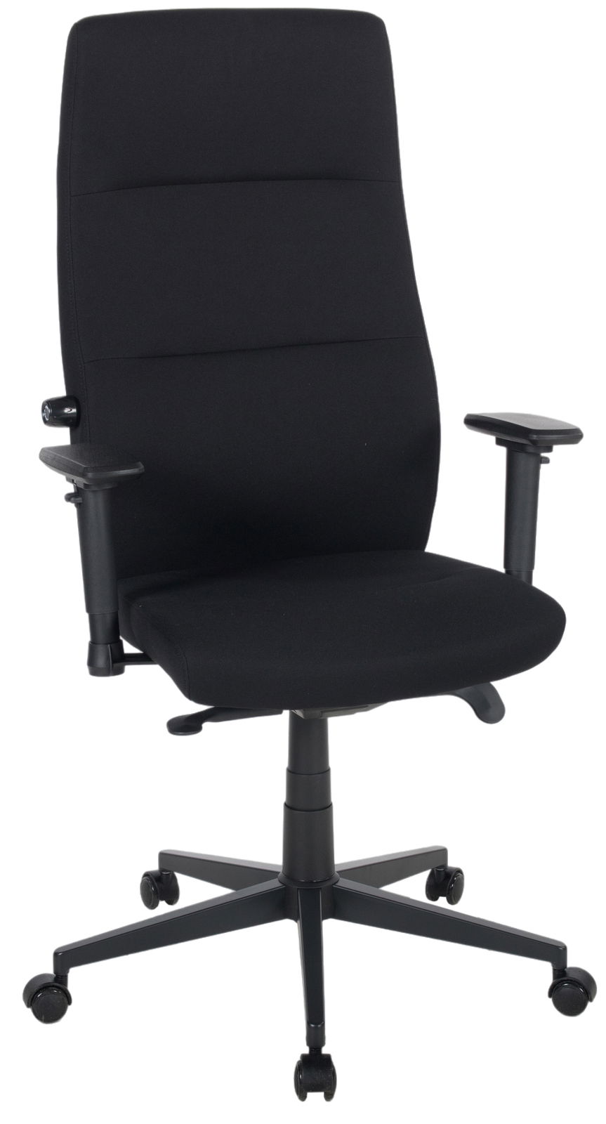 Schwarzer Drehstuhl mit hoher Rückenlehne und verstellbaren Armlehnen, seitliche Perspektive