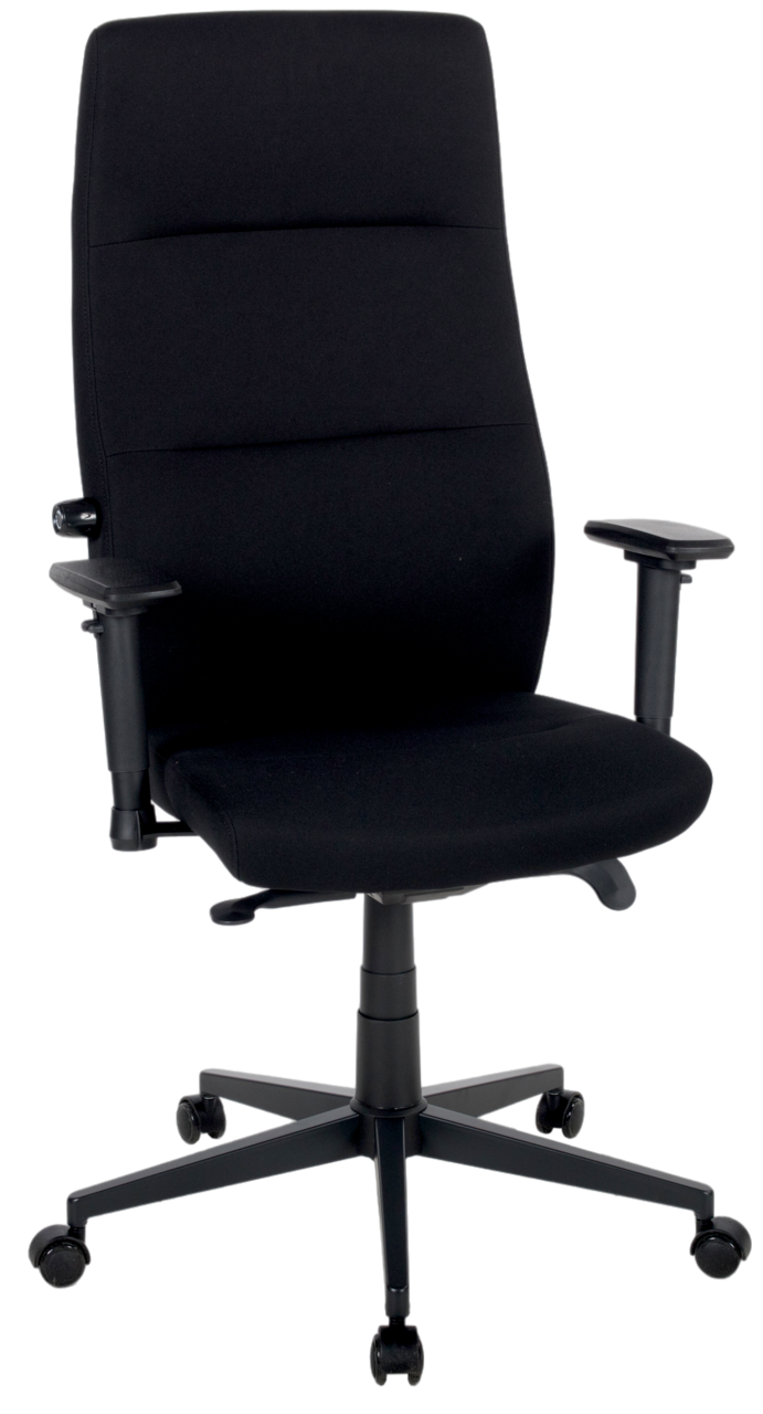 Schwarzer Drehstuhl mit hoher Rückenlehne und verstellbaren Armlehnen, seitliche Perspektive