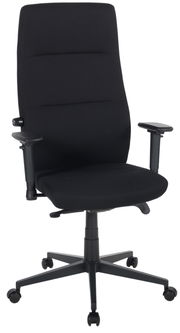 Schwarzer Drehstuhl mit hoher Rückenlehne und verstellbaren Armlehnen, seitliche Perspektive