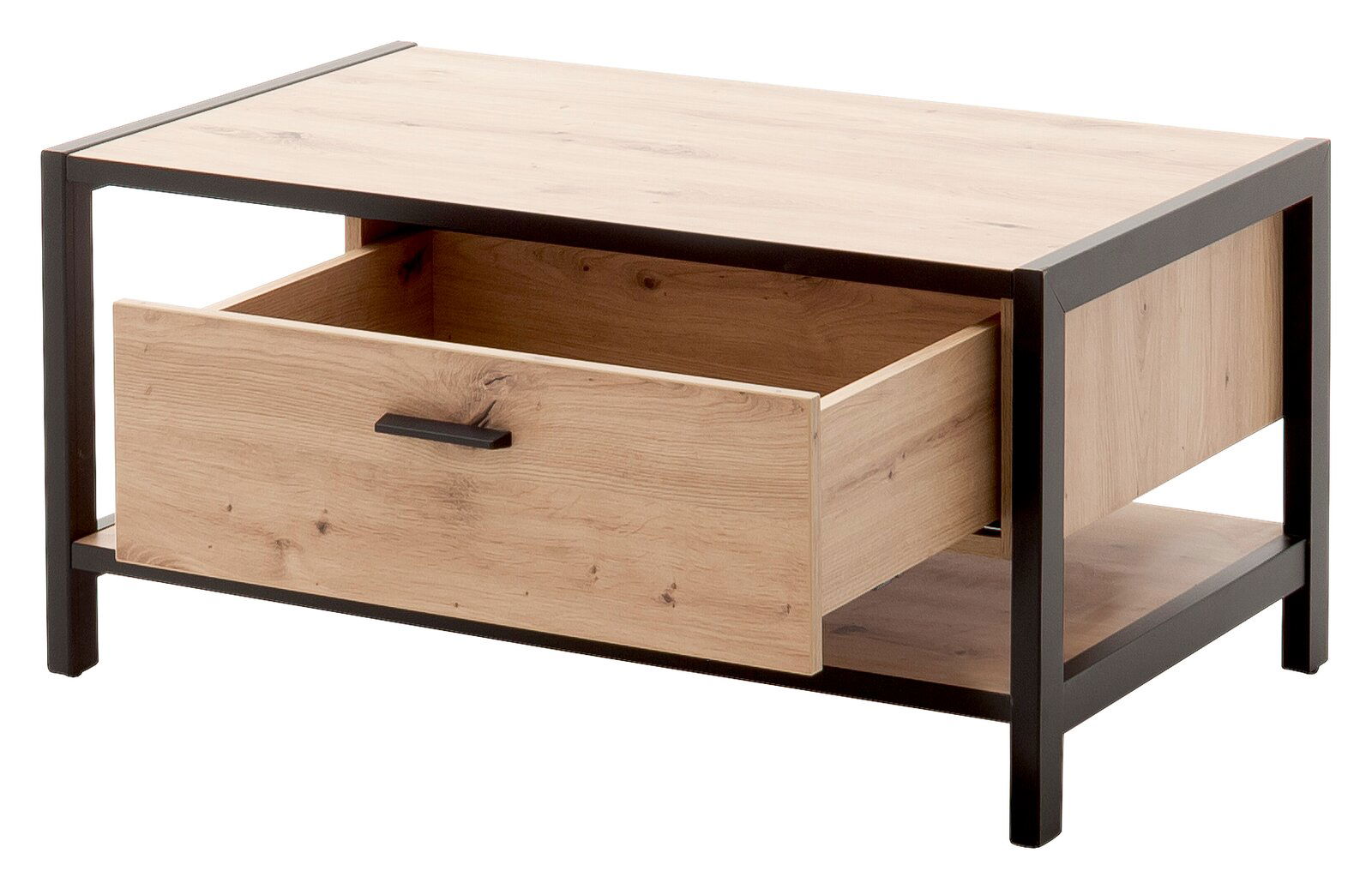 Moderner Couchtisch aus Holz mit schwarzem Metallrahmen, Schublade geöffnet, seitliche Perspektive