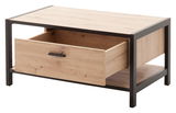 Moderner Couchtisch aus Holz mit schwarzem Metallrahmen, Schublade geöffnet, seitliche Perspektive