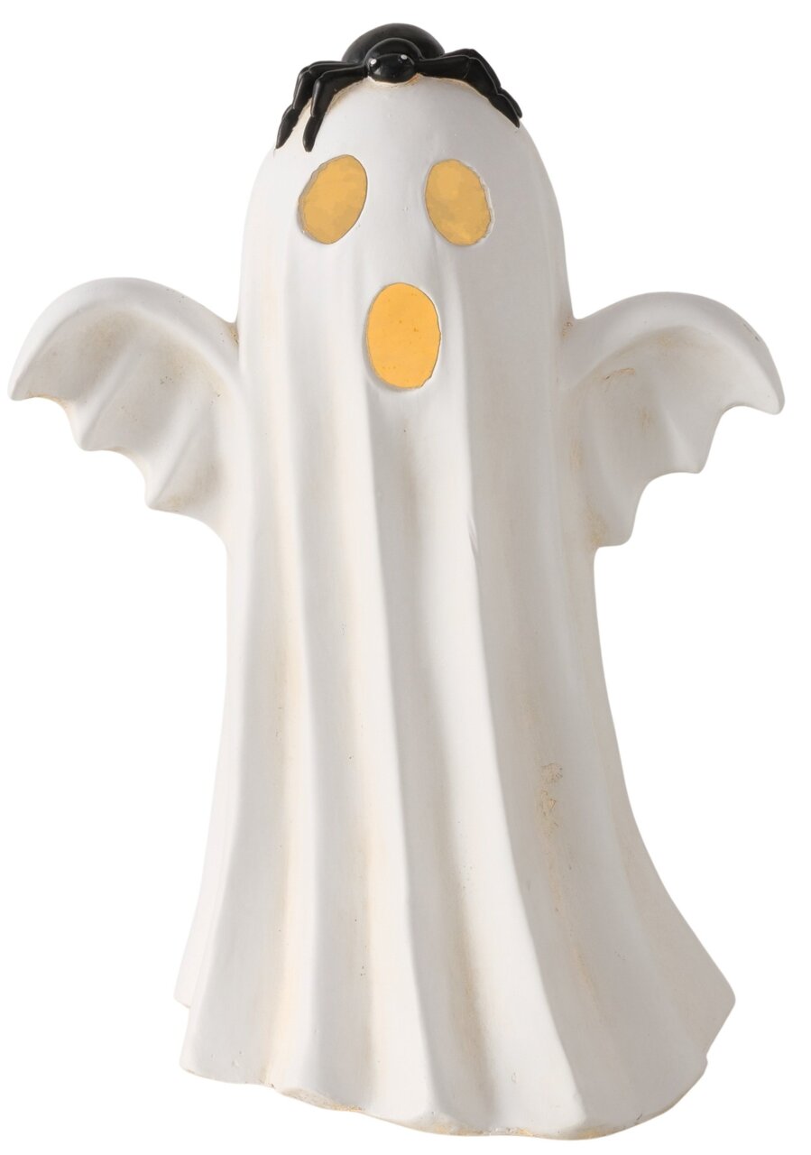 Weiße Halloween-Geisterfigur mit ausgebreiteten Armen, gelben Augen- und Mundöffnungen sowie schwarzer Spinne auf dem Kopf, freigestellt vor weißem Hintergrund, Frontansicht
