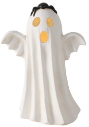 Weiße Halloween-Geisterfigur mit ausgebreiteten Armen, gelben Augen- und Mundöffnungen sowie schwarzer Spinne auf dem Kopf, freigestellt vor weißem Hintergrund, Frontansicht