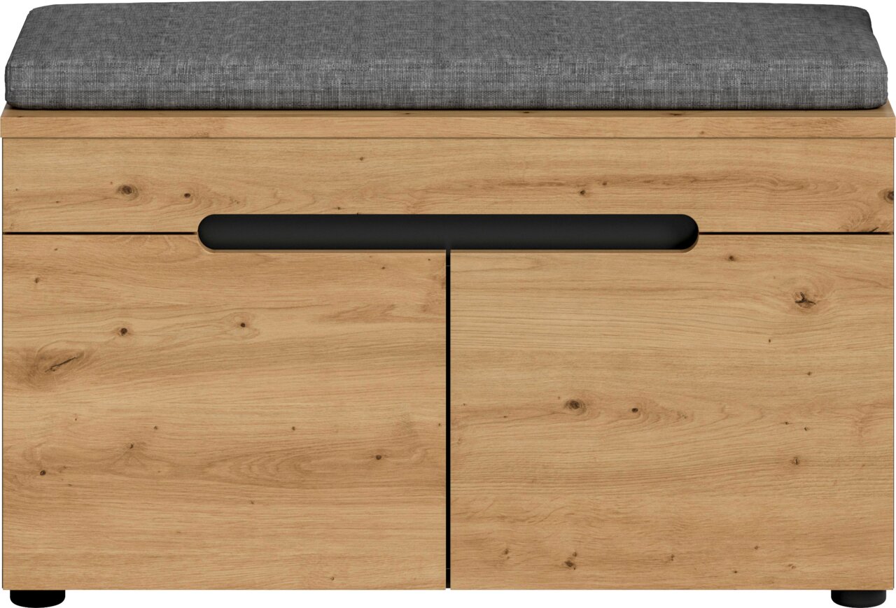 Holz-Sitzbank mit grauem Sitzkissen und schwarzer Griffleiste, Frontansicht