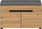 Holz-Sitzbank mit grauem Sitzkissen und schwarzer Griffleiste, Frontansicht