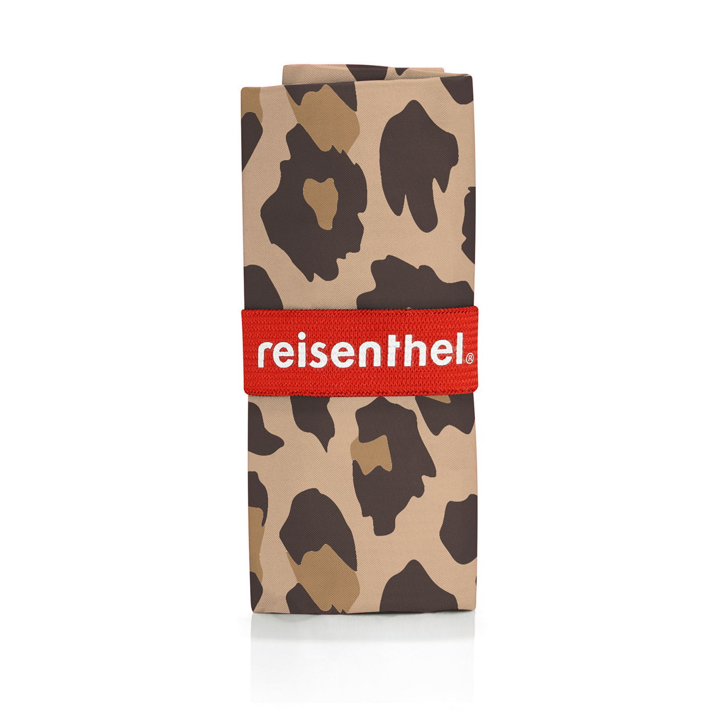 Gefaltete Mini Maxi Shopper Tasche im Leo Macchiato Design, Vorderansicht mit rotem reisenthel Band.