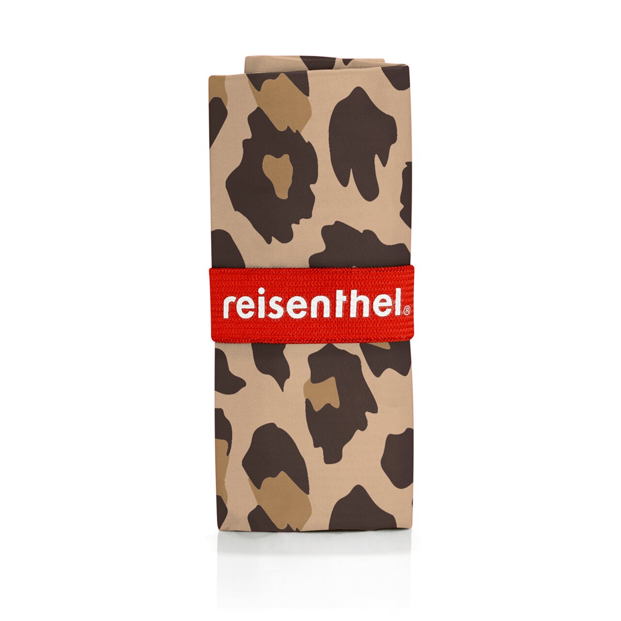 Gevouwen mini-maxi-shopper in het Leo Macchiato-ontwerp, vooraanzicht met rood reisenthel-lint.