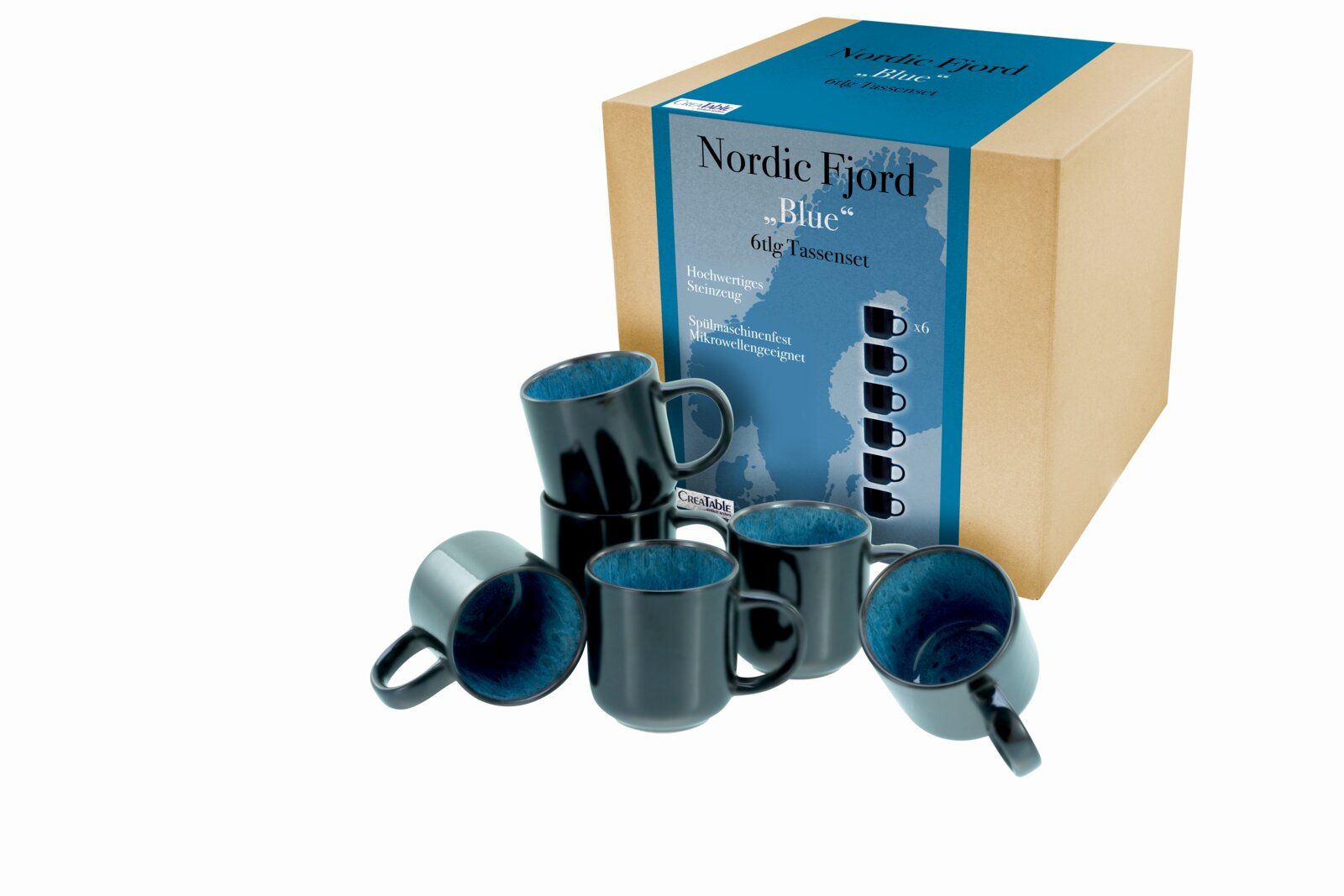 6-teiliges Tassen-Set „Nordic Fjord Blue“ aus hochwertigem Steingut in Dunkelgrau mit blau gesprenkelter Innenlasur, mit Produktkarton im Hintergrund; Ansicht schräg von vorn in leichter Draufsicht