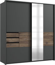 Moderner Schwebetürenschrank mit zwei Türen, einer in Holzoptik und einer mit Spiegel, aus frontaler Perspektive.
