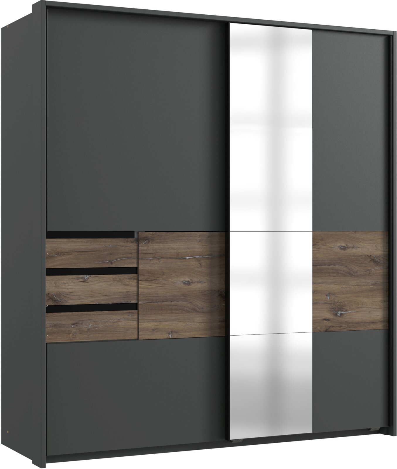 Moderner Schwebetürenschrank mit zwei Türen, einer in Holzoptik und einer mit Spiegel, aus frontaler Perspektive.