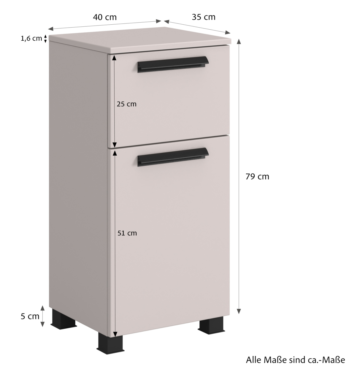 Unterschrank mit zwei Schubladen, Frontansicht, Maße: 40 cm Breite, 35 cm Tiefe, 79 cm Höhe, mit schwarzen Griffen und Füßen.