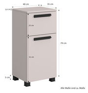 Unterschrank mit zwei Schubladen, Frontansicht, Maße: 40 cm Breite, 35 cm Tiefe, 79 cm Höhe, mit schwarzen Griffen und Füßen.