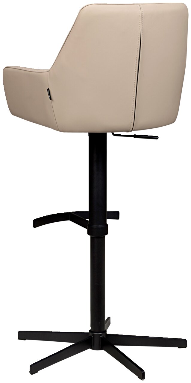 Achterkant van een beige barkruk met een zwart metalen frame en voetsteun
