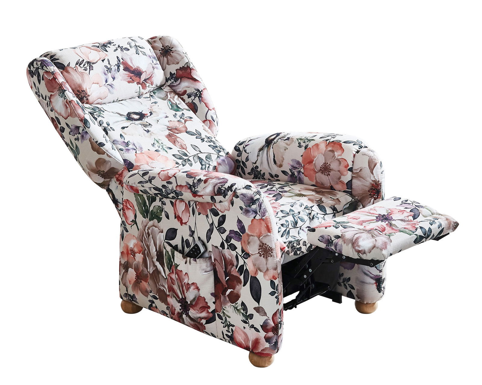 Blumiger Fernsehsessel Cantus FRIESLAND mit ausgeklapptem Fußteil, seitliche Perspektive