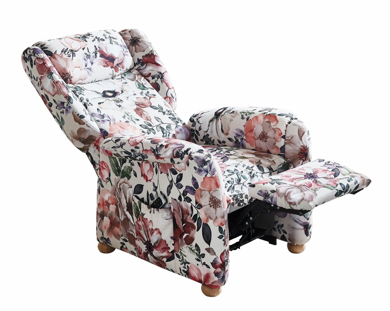 Blumiger Fernsehsessel Cantus FRIESLAND mit ausgeklapptem Fußteil, seitliche Perspektive
