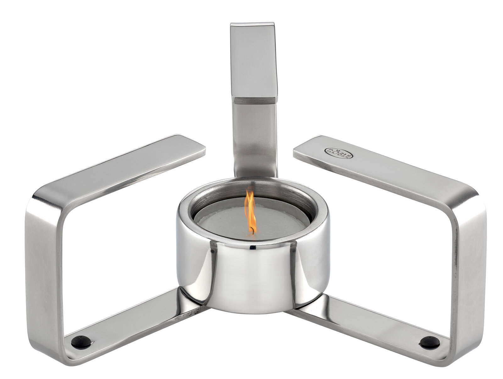Modernes Stövchen aus Edelstahl mit brennendem Teelicht, seitliche Perspektive