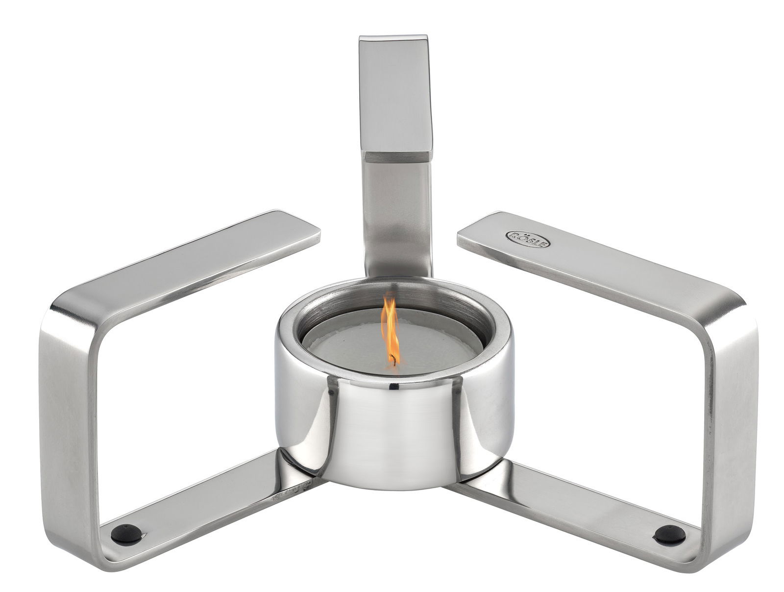Modernes Stövchen aus Edelstahl mit brennendem Teelicht, seitliche Perspektive