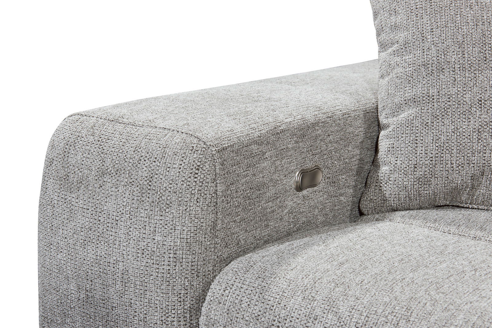 Graue Sofaecke mit strukturiertem Stoffbezug und integriertem Metallknopf, seitliche Perspektive
