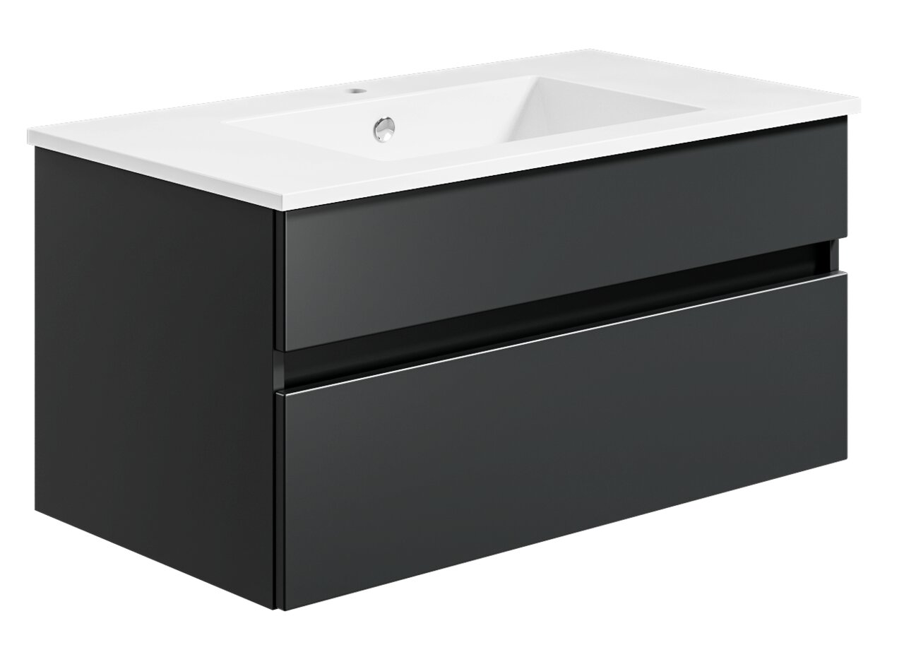 Moderne Badkombination mit schwarzem Unterschrank und weißem Waschbecken, seitliche Perspektive