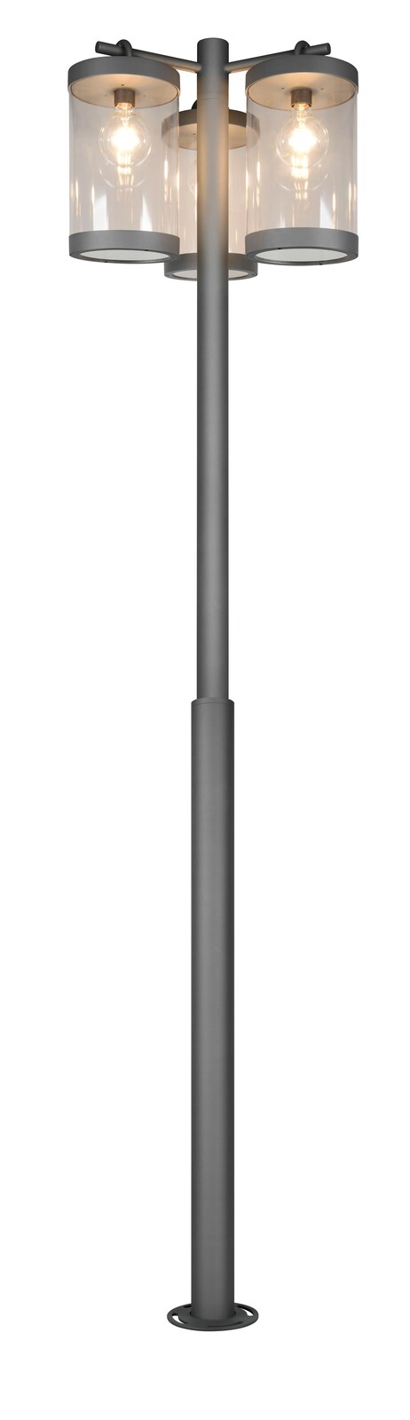 Moderne Außen-Mastleuchte mit drei klaren Lampenschirmen, frontal abgebildet.