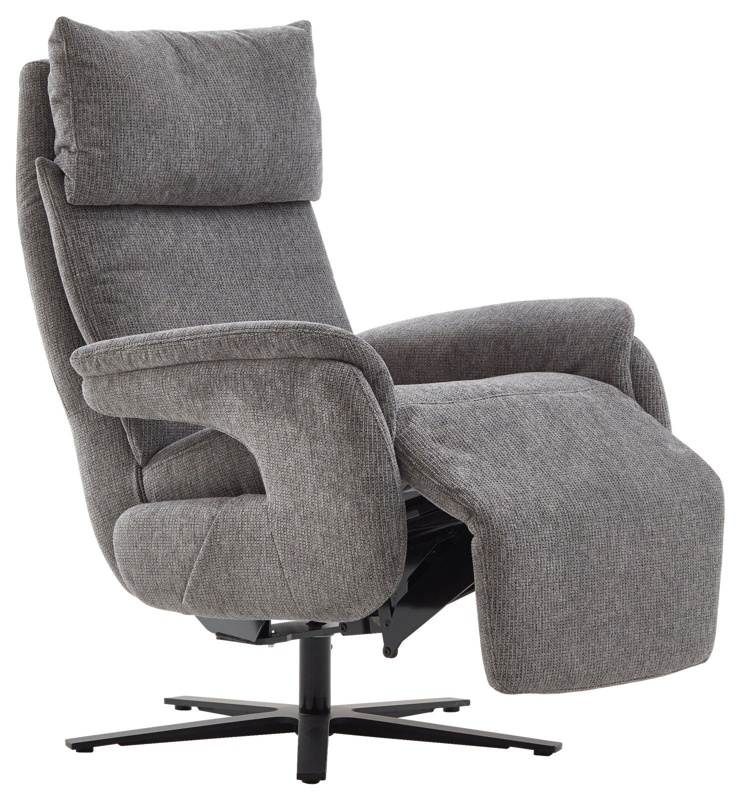 Grauer Fernsehsessel mit verstellbarer Rückenlehne und Fußstütze, seitliche Perspektive