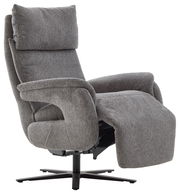 Grauer Fernsehsessel mit verstellbarer Rückenlehne und Fußstütze, seitliche Perspektive