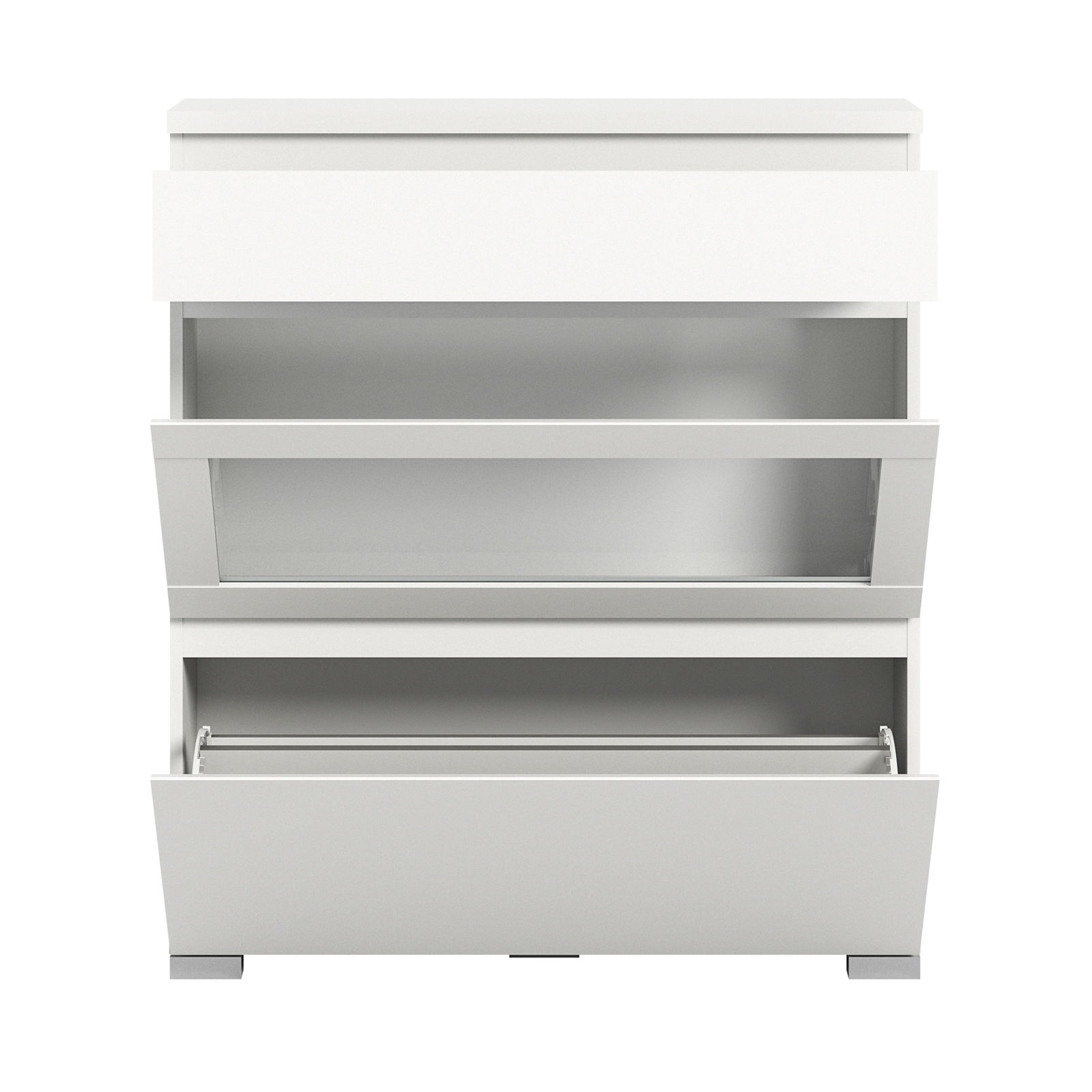 Weißer Schuhschrank mit drei offenen Klappen, frontale Ansicht