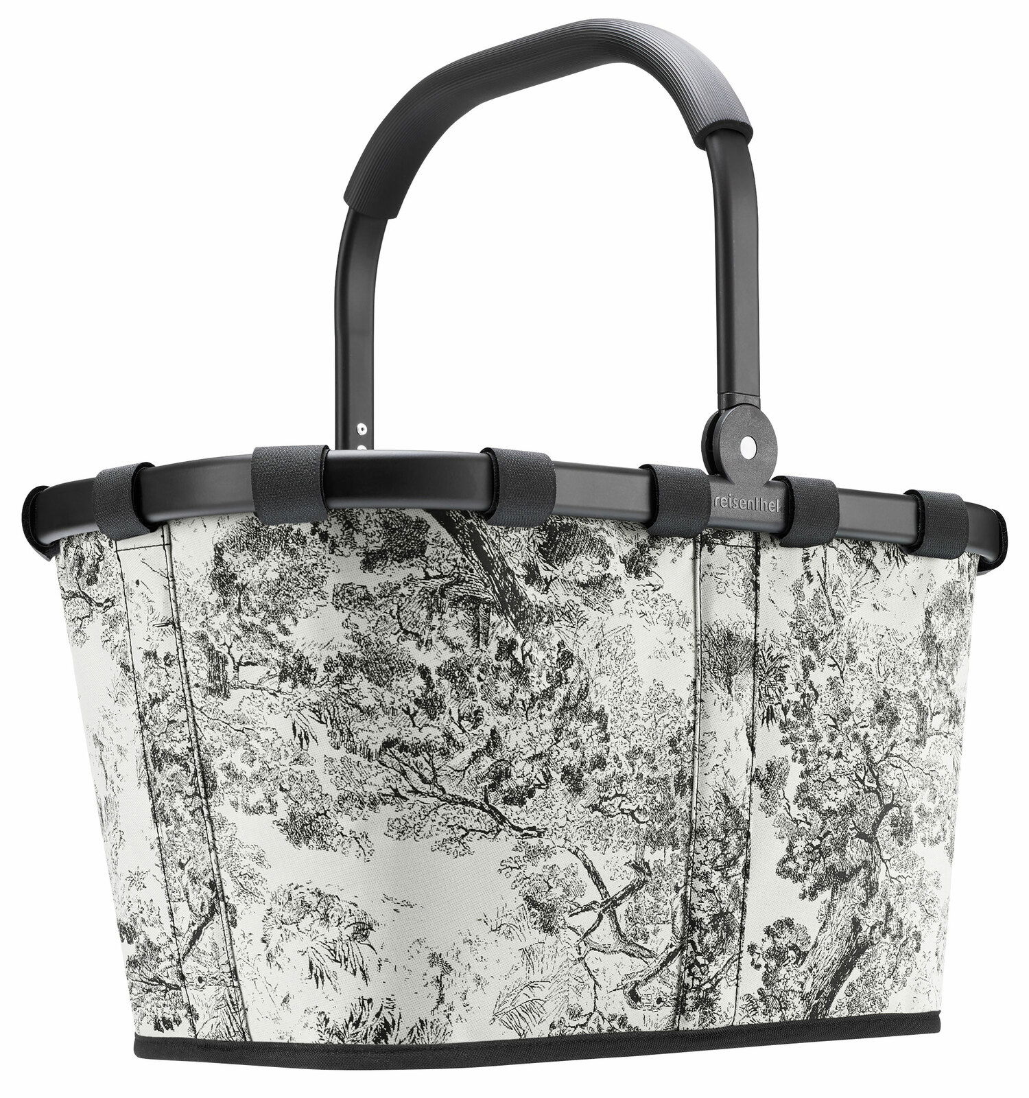 Carrybag mit schwarzem Griff und schwarz-weißem Baum-Muster, seitliche Perspektive