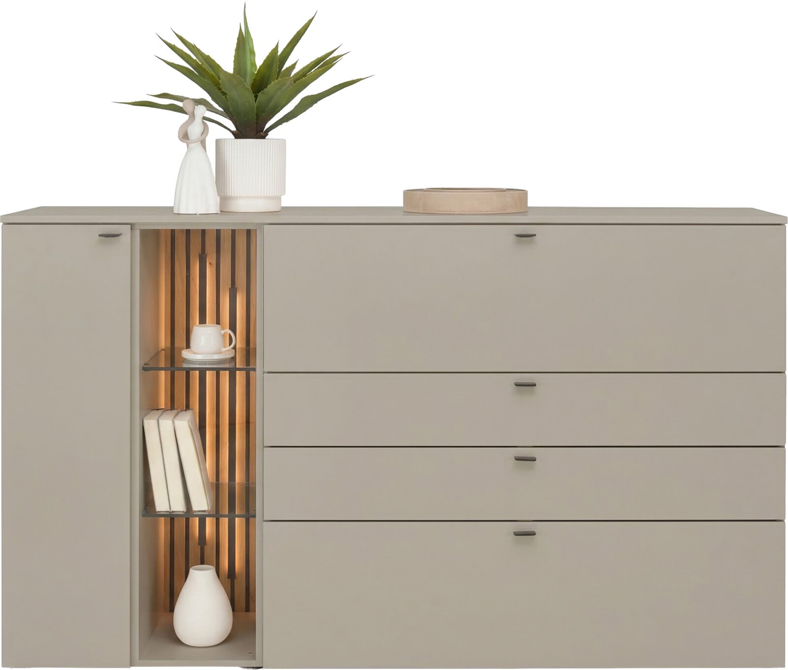 Venjakob Dressoir VANYA Moderne grijs-beige dressoir met vier lades, een linkerdeur en een verlichte open nis met houten latten en glazen planken, gefotografeerd recht van voren.