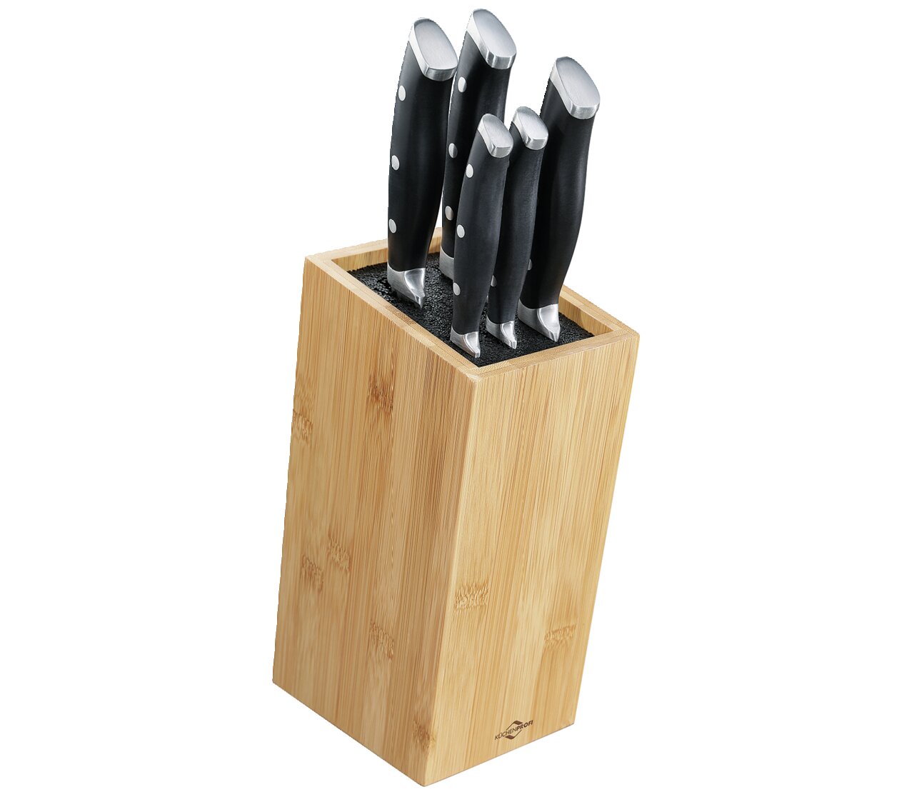 Messerblock aus Holz mit sechs schwarzen Messern, seitliche Perspektive