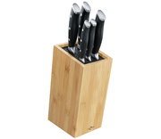 Messerblock aus Holz mit sechs schwarzen Messern, seitliche Perspektive