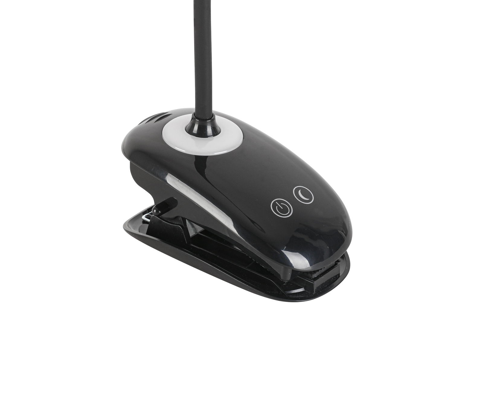 Schwarze LED-Klemmleuchte mit zwei Touch-Bedienknöpfen, seitliche Perspektive