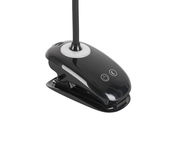 Schwarze LED-Klemmleuchte mit zwei Touch-Bedienknöpfen, seitliche Perspektive